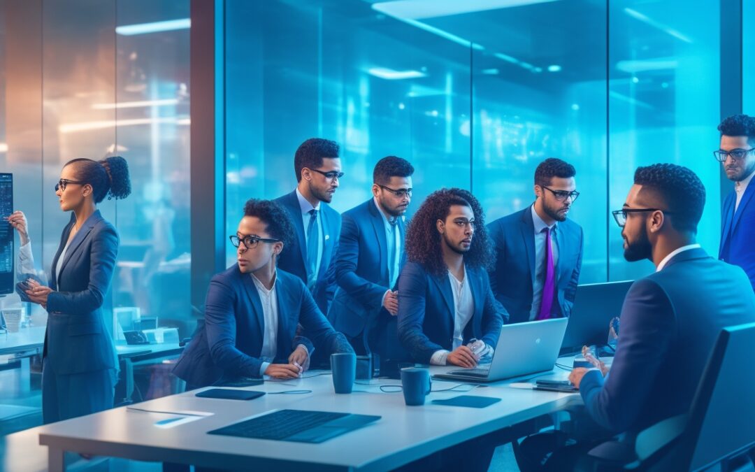 A dynamic, cinematic editorial image of diverse Hispanic tech entrepreneurs collaborating intensely in a modern, sleek startup office filled with futuristic AI interfaces and holographic automation visuals, symbolizing innovation, leadership, and the transformative impact of AI and automation in Latin America's and Spain's tech ecosystem in 2026.